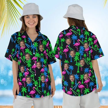 Woman wearing the Neon Flamingo Ugly Hawaiian Shirt with custom faces, front and back view