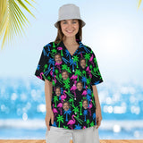 Woman wearing the Neon Flamingo Ugly Hawaiian Shirt with custom faces