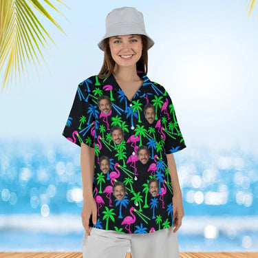 Woman wearing the Neon Flamingo Ugly Hawaiian Shirt with custom faces