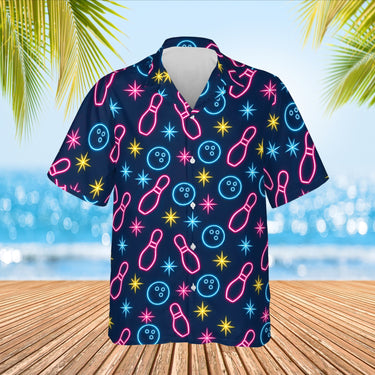Neon Lanes Hawaiian Bowling Shirt print before personalizing, front view