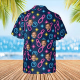 Neon Lanes Hawaiian Bowling Shirt with custom faces, back view