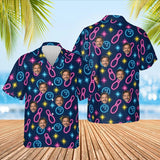 Neon Lanes Hawaiian Bowling Shirt with custom faces, front and back