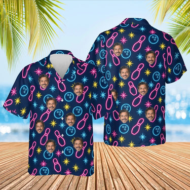 Neon Lanes Hawaiian Bowling Shirt with custom faces, front and back