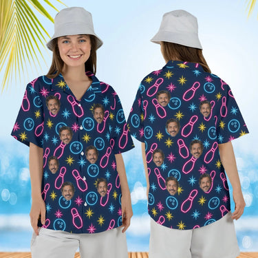 Woman wearing the Neon Lanes Hawaiian Bowling Shirt with custom faces, front and back view