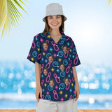 Woman wearing the Neon Lanes Hawaiian Bowling Shirt with custom faces
