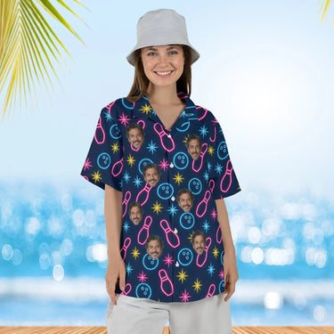 Woman wearing the Neon Lanes Hawaiian Bowling Shirt with custom faces