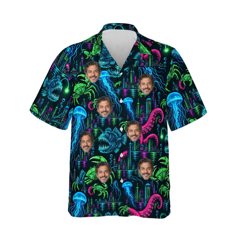 Neon Sea Monster Kaiju Hawaiian Shirt personalized with printed faces, front view