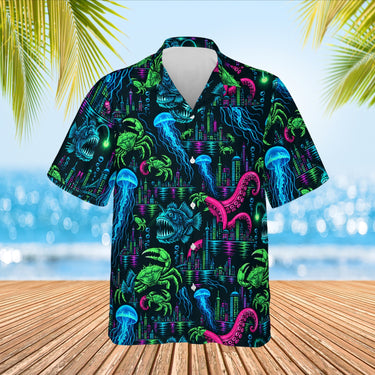 Neon Sea Monster Kaiju Hawaiian Shirt print before personalizing, front view