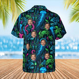Neon Sea Monster Kaiju Hawaiian Shirt with custom faces, back view