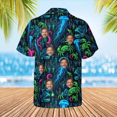 Neon Sea Monster Kaiju Hawaiian Shirt with custom faces, back view