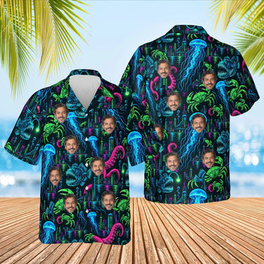 Neon Sea Monster Kaiju Hawaiian Shirt with custom faces, front and back