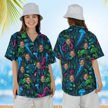 Woman wearing the Neon Sea Monster Kaiju Hawaiian Shirt with custom faces, front and back view