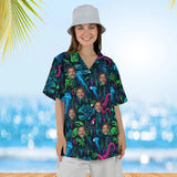 Woman wearing the Neon Sea Monster Kaiju Hawaiian Shirt with custom faces