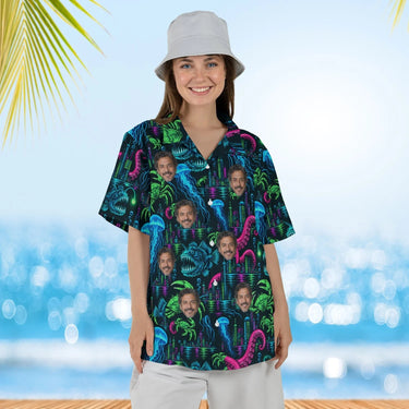 Woman wearing the Neon Sea Monster Kaiju Hawaiian Shirt with custom faces