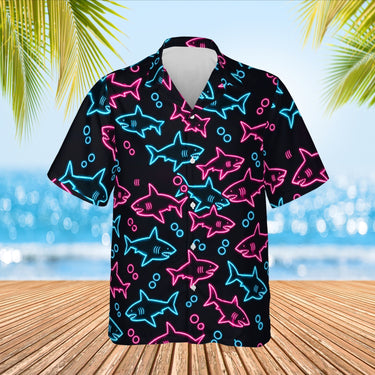 Neon Shark Hawaiian Shirt print before personalizing, front view