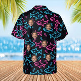 Neon Shark Hawaiian Shirt with custom faces, back view
