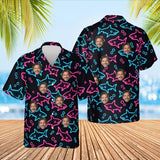 Neon Shark Hawaiian Shirt with custom faces, front and back