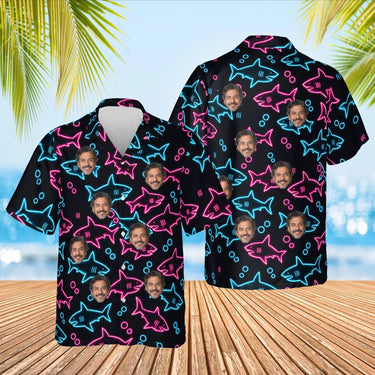 Neon Shark Hawaiian Shirt with custom faces, front and back