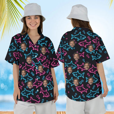 Woman wearing the Neon Shark Hawaiian Shirt with custom faces, front and back view