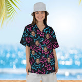 Woman wearing the Neon Shark Hawaiian Shirt with custom faces