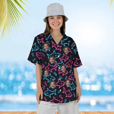 Woman wearing the Neon Shark Hawaiian Shirt with custom faces