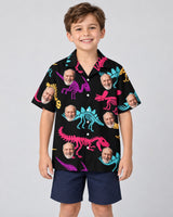 Neon T-Rex Hawaiian shirt with printed faces, worn by a child