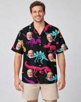 Neon T-Rex Hawaiian shirt with printed faces, worn by a man