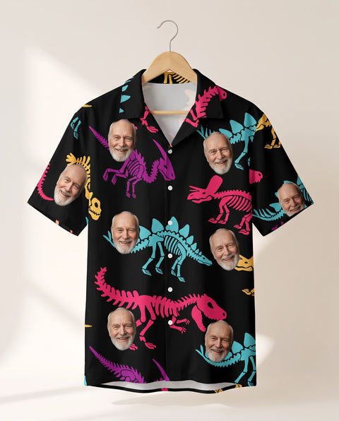 Neon T-Rex personalized Hawaiian shirt printed with customer faces