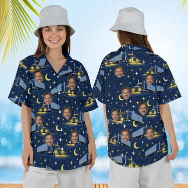 Woman wearing the Night Haul Trucker Hawaiian Shirt with custom faces, front and back view
