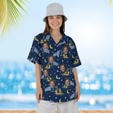 Woman wearing the Night Haul Trucker Hawaiian Shirt with custom faces