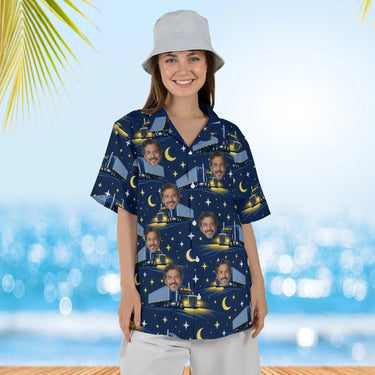 Woman wearing the Night Haul Trucker Hawaiian Shirt with custom faces
