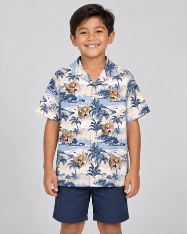 Nostalgic Tropical Paradise Hawaiian shirt with printed faces, worn by a child