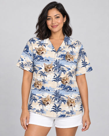 Nostalgic Tropical Paradise Hawaiian shirt with printed faces, worn by a woman