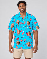 Old Glory Tropical USA Hawaiian shirt with printed faces, worn by a man