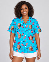 Old Glory Tropical USA Hawaiian shirt with printed faces, worn by a woman