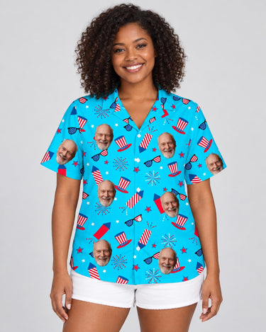 Old Glory Tropical USA Hawaiian shirt with printed faces, worn by a woman