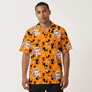 Orange Black Cat Halloween custom Hawaiian shirt with photos, example 1