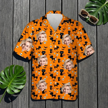 Orange Black Cat Halloween custom Hawaiian shirt with photos, example 3
