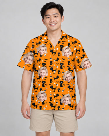 Orange Black Cat Halloween Hawaiian shirt with printed faces, worn by a man