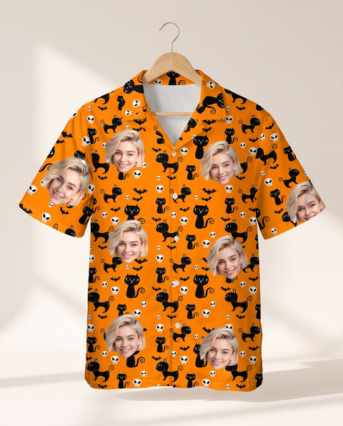 Orange Black Cat Halloween personalized Hawaiian shirt printed with customer faces