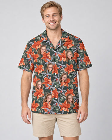 Orchid Isle Hawaiian shirt with printed faces, worn by a man
