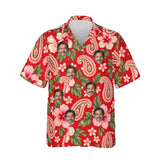 Paisley Hibiscus Red Paisley Hawaiian Shirt personalized with printed faces, front view