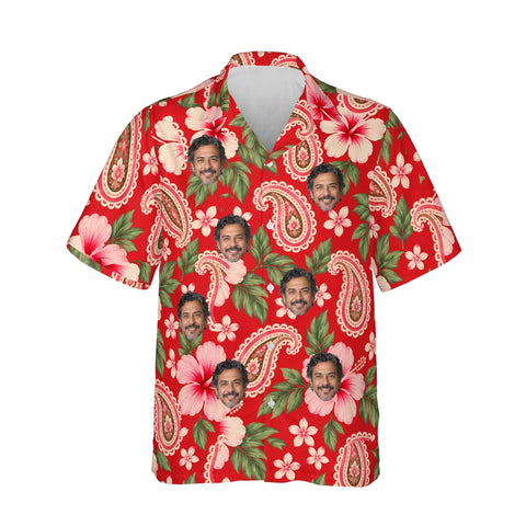 Paisley Hibiscus Red Paisley Hawaiian Shirt personalized with printed faces, front view