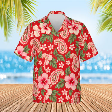 Paisley Hibiscus Red Paisley Hawaiian Shirt print before personalizing, front view