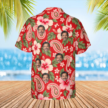 Paisley Hibiscus Red Paisley Hawaiian Shirt with custom faces, back view
