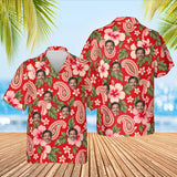 Paisley Hibiscus Red Paisley Hawaiian Shirt with custom faces, front and back