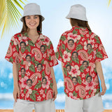 Woman wearing the Paisley Hibiscus Red Paisley Hawaiian Shirt with custom faces, front and back view