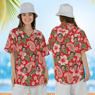 Woman wearing the Paisley Hibiscus Red Paisley Hawaiian Shirt with custom faces, front and back view
