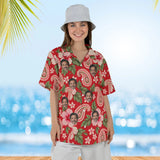 Woman wearing the Paisley Hibiscus Red Paisley Hawaiian Shirt with custom faces