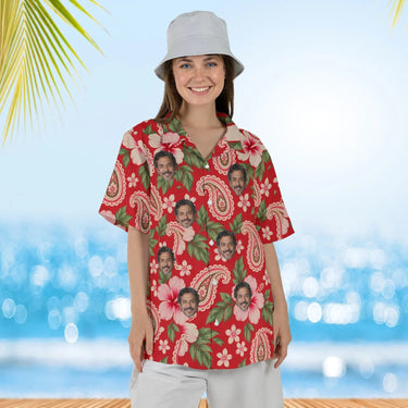 Woman wearing the Paisley Hibiscus Red Paisley Hawaiian Shirt with custom faces